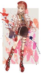 Rule 34 | 1girl, absurdres, belt, blunt bangs, boots, bracelet, contrapposto, cropped jacket, dress, full body, gloves, hand on own hip, high collar, high heels, highres, jewelry, knee boots, long hair, looking to the side, original, outside border, paint splatter, painting (medium), parted lips, pink eyes, pink hair, platform footwear, platform heels, red headwear, red lips, remon (10112), short dress, solo, stiletto heels, thigh strap, traditional media, watercolor (medium)