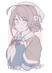 Rule 34 | 1girl, 2021, ahoge, bandana, blue eyes, blush, braid, braided hair rings, brown hair, brown shawl, chougei (kancolle), commission, cropped torso, dated, hair rings, kantai collection, looking at viewer, neckerchief, sadakuma, shawl, signature, simple background, skeb commission, smile, solo, two-tone background, white neckerchief