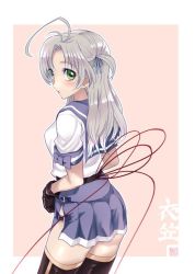 Rule 34 | 10s, 1girl, antenna hair, ass, black gloves, from behind, gloves, green eyes, kantai collection, kinugasa (kancolle), kinugasa kai ni (kancolle), long hair, looking at viewer, looking back, miniskirt, parted bangs, pink background, pink hair, pleated skirt, ponytail, pouty lips, school uniform, serafuku, short sleeves, side slit, simple background, skirt, solo, sumeragi hamao, thighhighs, zettai ryouiki