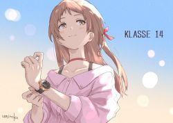 Rule 34 | 1girl, blush, bow, braid, brown eyes, brown hair, closed mouth, collarbone, collared shirt, commentary request, dress shirt, fingernails, hair bow, highres, klasse14, long hair, looking at viewer, off-shoulder shirt, off shoulder, original, pink shirt, red bow, shirt, signature, single braid, smile, solo, umiroku, upper body, watch, wristwatch