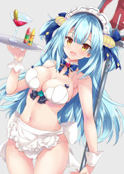 Rule 34 | 1girl, apron, azur lane, bare shoulders, black ribbon, blue hair, blue ribbon, breasts, cameltoe, cocktail glass, cup, detached collar, drinking glass, flower, frilled apron, frills, glass, gluteal fold, grey background, hair ribbon, hand up, highres, hinata momo, holding, holding tray, holding weapon, large breasts, long hair, looking at viewer, maid headdress, navel, neptune (azur lane), open mouth, panties, polearm, ribbon, rose, shell, shell bikini, shell hair ornament, simple background, skindentation, smile, solo, strap gap, thigh gap, thighs, tray, trident, twitter username, two side up, underwear, waist apron, weapon, white apron, white panties, wrist cuffs, yellow eyes