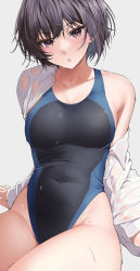 Rule 34 | 1girl, :o, amagami, bare shoulders, black hair, blush, breasts, cleavage, collared shirt, competition swimsuit, covered navel, dripping, highres, looking at viewer, medium breasts, nanasaki ai, off shoulder, oidoden2535, one-piece swimsuit, parted lips, purple eyes, shirt, short hair, simple background, solo, swimsuit, thighs, two-tone swimsuit, wet, wet clothes, wet shirt, white background, white shirt