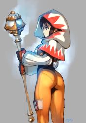 Rule 34 | 1girl, artist name, ass, black eyes, bodysuit, brown hair, commentary, english commentary, final fantasy, final fantasy ix, garnet til alexandros xvii, gloves, grey background, highres, holding, holding staff, hood, looking away, official alternate costume, optionaltypo, orange bodysuit, short hair, simple background, solo, square enix, staff, standing, white mage (final fantasy)