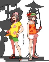 Rule 34 | 2girls, bad id, bad pixiv id, blacephalon, brown hat, cosplay, costume switch, creatures (company), dual persona, flower, game freak, gen 7 pokemon, green shorts, hat, hat flower, holding hands, looking at another, medium hair, multiple girls, nintendo, open mouth, pheromosa, pleo, pokemon, pokemon sm, pokemon usum, red hat, sandals, selene (pokemon), selene (pokemon) (cosplay), shadow, shirt, short hair, shorts, standing, tank top, translation request, ultra beast, white background, white shorts, yellow shirt