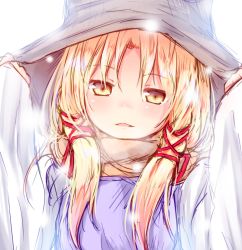 Rule 34 | 1girl, arms up, baram, blonde hair, blush, hat, looking at viewer, moriya suwako, parted lips, sidelocks, simple background, sleeves past wrists, solo, touhou, upper body, white background, yellow eyes