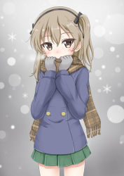 Rule 34 | 1girl, black bow, black hairband, blue jacket, blush, bow, brown eyes, brown hair, brown scarf, commentary request, covered mouth, flipper, fringe trim, girls und panzer, gloves, green skirt, grey gloves, hair between eyes, hair bow, hairband, hands up, highres, jacket, long hair, long sleeves, one side up, plaid, plaid scarf, pleated skirt, scarf, shimada arisu, skirt, snowflakes, solo, standing