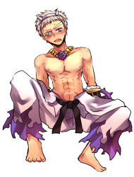 Rule 34 | 1boy, abs, barefoot, belt, black belt, blue eyes, blush, commentary request, emon-yu, eyepatch, fake horns, full body, grey hair, hairband, horns, jewelry, looking at viewer, male focus, necklace, nipples, open mouth, pants, ragnarok online, topless male, short hair, sura (ragnarok online), simple background, sitting, solo, white background, white hairband, white pants
