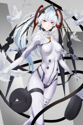 Rule 34 | 1girl, absurdres, artist name, bodysuit, bracelet, breasts, commentary request, copyright name, cross-shaped pupils, earrings, floating, floating hair ornament, floating headgear, floating object, floating weapon, for-miku, grey hair, hair between eyes, headgear, highres, jewelry, long hair, luna: laurel (punishing: gray raven), luna (punishing: gray raven), orange eyes, punishing: gray raven, small breasts, symbol-shaped pupils, thighlet, twintails, white bodysuit, white dove
