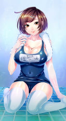 Rule 34 | 1girl, bad id, bad pixiv id, breasts, brown eyes, brown hair, cameltoe, cleavage, hair ornament, hairclip, huge breasts, kneeling, matsurika youko, one-piece swimsuit, original, school swimsuit, shiny clothes, short hair, sitting, skin tight, skindentation, smile, solo, swimsuit, thighhighs, towel, wariza, white thighhighs