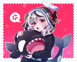 Rule 34 | 1girl, :o, absurdres, anger vein, animal hood, black hair, braid, braided bangs, cetacean tail, commentary, ddangddo, fang, fins, fish tail, hair between eyes, hair ornament, highres, hololive, hood, hood up, long sleeves, looking at viewer, medium hair, multicolored hair, nail polish, orca hood, outline, red background, red nails, sakamata chloe, simple background, skin fang, solo, spoken anger vein, stuffed orca, tail, two-tone hair, upper body, virtual youtuber, white hair, white outline, x hair ornament