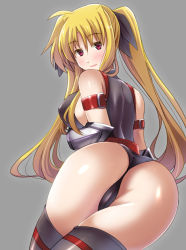 Rule 34 | 1girl, ahoge, arm belt, armor, ass, belt, black leotard, black thighhighs, blonde hair, blush, breasts, closed mouth, cowboy shot, crotch seam, eyebrows, fate testarossa, fate testarossa (true sonic form), from behind, grey background, hair intakes, hair ribbon, large breasts, leotard, long hair, looking at viewer, looking back, lyrical nanoha, red eyes, red lips, ribbon, sideboob, simple background, sleeveless, smile, solo, thighhighs, tukuyo kiriyuki, twintails, very long hair