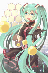 Rule 34 | 1girl, :d, absurdres, bad id, bad pixiv id, black gloves, gloves, green eyes, green hair, hair ornament, hand on own chest, hatsune miku, highres, levi9452, long hair, looking at viewer, matching hair/eyes, open mouth, pantyhose, reaching, smile, solo, striped clothes, striped pantyhose, twintails, very long hair, vocaloid