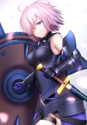 Rule 34 | 1girl, ahoge, armor, breasts, breasts apart, cowboy shot, fate/grand order, fate (series), hair over one eye, highres, holding, holding shield, holding sword, holding weapon, looking at viewer, maosame, mash kyrielight, medium breasts, parted lips, pink hair, purple eyes, sheath, shield, short hair, solo, standing, sword, unsheathing, weapon