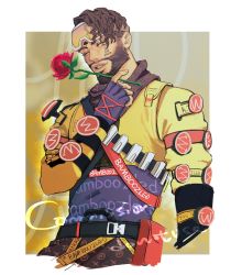 Rule 34 | 1boy, apex legends, belt, black belt, border, brand ambassador mirage, brown eyes, brown hair, brown scarf, chinese commentary, facial hair, facial mark, flower, forehead mark, goatee, highres, holding, holding flower, jacket, looking down, male focus, mirage (apex legends), one eye closed, outside border, parted lips, red flower, red rose, rose, scarf, smile, solo, spade (shape), watermark, white border, yellow jacket, yitiao da shu