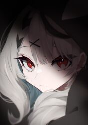 Rule 34 | 1girl, absurdres, close-up, commentary request, ear piercing, grey hair, hair ornament, highres, hololive, hood, hood up, looking at viewer, mashiro io, multicolored hair, piercing, portrait, red eyes, sakamata chloe, solo, streaked hair, virtual youtuber, x hair ornament