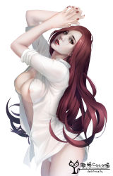Rule 34 | 1girl, absurdres, areola slip, arms up, artist name, breasts, buttons, cleavage, collared shirt, cowboy shot, destincelly, dress shirt, earrings, from side, green eyes, highres, jewelry, katarina (league of legends), large breasts, league of legends, long hair, looking at viewer, nail polish, navel, nipples, no bra, no pants, open clothes, open shirt, own hands together, panties, parted lips, red hair, red lips, red nails, scar, scar across eye, scar on face, see-through, shade, shirt, simple background, sleeves rolled up, solo, unbuttoned, unbuttoned shirt, underwear, very long hair, white background, white panties, white shirt