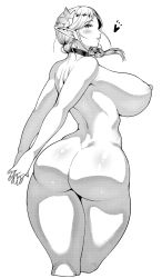 Rule 34 | 1girl, arms behind back, ass, blush, breasts, choker, curvy, earrings, elf, flower, greyscale, hair flower, hair ornament, heart, highres, hip focus, huge ass, huge breasts, interlocked fingers, jewelry, light smile, long hair, looking at viewer, looking back, monochrome, narrow waist, nipples, nude, own hands together, plump, pointy ears, simple background, solo, synecdoche, thick thighs, thighs, white background, wide hips