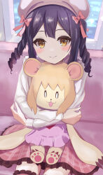 Rule 34 | 1girl, blush, bow, braid, closed mouth, commentary request, couch, doll, dot nose, fate/kaleid liner prisma illya, fate (series), hair between eyes, headwear request, hugging doll, hugging object, indoors, long hair, long sleeves, looking at viewer, miyu edelfelt, pan korokorosuke, pink bow, plaid, purple hair, red skirt, shirt, sidelocks, sitting, skirt, smile, split mouth, stuffed animal, stuffed toy, thighhighs, twin braids, white shirt, window, yellow eyes, zettai ryouiki
