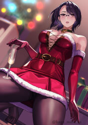 Rule 34 | 1girl, absurdres, bare shoulders, bell, belt, black pantyhose, blurry, blurry background, blush, breasts, brown belt, choker, christmas, cleavage, cup, dress, elbow gloves, glasses, gloves, highres, holding, holding cup, kagematsuri, large breasts, looking at viewer, mixed-language commentary, neck bell, original, pantyhose, parted lips, purple eyes, purple hair, red dress, red gloves, santa costume, solo