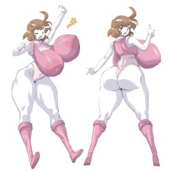 Rule 34 | 1girl, absurdres, alternate ass size, alternate body size, alternate breast size, ass, bare arms, blush, blush stickers, bouncing breasts, breasts, brown hair, dancing, gainaxing, happy, highres, hissatsu pachinko collection, huge ass, huge breasts, impossible clothes, impossible leotard, leotard, looking at viewer, looking back, multiple views, one eye closed, open mouth, pink footwear, pink leotard, remi (hissatsu pachinko collection), sakana888888888, simple background, smile, thick thighs, thighs, thong leotard, thumbs up, white background, wink