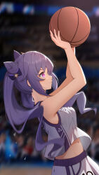 Rule 34 | 1girl, absurdres, alternate costume, armpits, arms up, ball, bare shoulders, basketball, basketball uniform, breasts, closed mouth, cone hair bun, cowboy shot, earrings, from side, genshin impact, grey shirt, grey shorts, hair bun, highres, holding, holding ball, indoors, jewelry, keqing (genshin impact), kong ting, long hair, medium breasts, midriff peek, navel, pink eyes, purple hair, shirt, shorts, sideboob, smile, solo focus, sportswear, tank top, twintails, v-shaped eyebrows