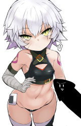 Rule 34 | ..., 1girl, bandaged arm, bandages, bare shoulders, black panties, black thighhighs, blush, breasts, censored, closed mouth, covered erect nipples, crop top, facial scar, fate/apocrypha, fate/grand order, fate (series), green eyes, highres, jack the ripper (fate/apocrypha), looking at viewer, navel, novelty censor, panties, penis, scar, scar across eye, scar on cheek, scar on face, shimejinameko, short hair, shoulder tattoo, simple background, slit pupils, small breasts, spoken ellipsis, tattoo, thighhighs, thighs, underwear, white background, white hair