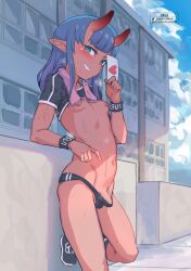 Rule 34 | 1futa, aqua eyes, blue hair, blue sky, blush, breasts, cloud, colored skin, ear piercing, flaccid, futanari, grin, highres, jack rockhardt, letter, long hair, looking at viewer, navel, nipples, oni, open mouth, original, outdoors, panties, penis, piercing, pointy ears, red skin, shrug (clothing), sky, small breasts, small penis, smile, solo, sui (suikisses), sweat, towel, towel around neck, underwear, wristband