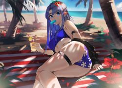 Rule 34 | 1girl, absurdres, alternate costume, ass, beach, beach towel, bikini, blue bikini, blue eyes, blue hair, braid, breasts, commission, day, earrings, fate/grand order, fate (series), flower, hair flower, hair ornament, highres, huge filesize, jewelry, long hair, lying, medea (fate), medium breasts, ocean, on side, outdoors, palm tree, pixiv commission, pointy ears, red flower, sand, side braid, solo, swimsuit, thigh strap, towel, tree, you-6-11