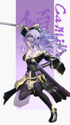 Rule 34 | 1girl, alternate costume, armor, camilla (fire emblem), character name, commentary, commentary request, fire emblem, fire emblem fates, full body, gauntlets, gloves, hair over one eye, holding, holding sheath, holding sword, holding weapon, long hair, mixed-language commentary, nintendo, pink eyes, purple background, purple gloves, purple hair, sheath, smile, solo, standing, standing on one leg, sword, teeth, tiara, two-tone background, weapon, white background, yonaga nagaduki