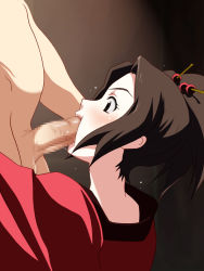 Rule 34 | 00s, 1girl, bakuhatsu bros., black eyes, black hair, blush, censored, clothed female nude male, fellatio, fuu (samurai champloo), hair ornament, hair stick, hair up, highres, japanese clothes, kimono, looking at another, mosaic censoring, nude, oral, penis, samurai champloo, simple background, solo focus, standing