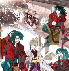 Rule 34 | 2boys, archer (fate/samurai remnant), brendas46157301, chinese clothes, chinese hairpin, choko (cup), closed eyes, crossed arms, cup, dizi, fate/samurai remnant, fate (series), flute, green hair, green sash, grey hair, hair tubes, hanfu, high ponytail, highres, holding, holding cup, holding flute, holding instrument, holding paper, instrument, long hair, long sleeves, looking at another, looking up, multicolored hair, multiple boys, multiple views, omikuji, open mouth, paper, plate, playing flute, purple ribbon, red eyes, ribbon, sash, sitting, smile, sweatdrop, table, tassel, teeth, transverse flute, tree, upper teeth only, wide sleeves, yellow eyes, zheng chenggong (fate)
