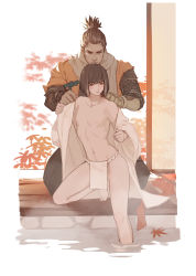 Rule 34 | 2boys, absurdres, androgynous, autumn leaves, barefoot, beige scarf, black hair, blunt bangs, bob cut, brown eyes, brown pants, closed eyes, closed mouth, coat, collarbone, commentary request, gloves, grey hair, hand on another&#039;s shoulder, highres, japanese clothes, kimono, kuro the divine heir, layered sleeves, leg up, looking at another, male focus, multiple boys, navel, onsen, orange coat, pants, pectorals, pelvic curtain, prosthesis, prosthetic arm, scar, scar across eye, scar on face, scarf, sekiro, sekiro: shadows die twice, short hair, sitting, topknot, torn clothes, torn coat, undressing, undressing another, vetania, wariza, water, white kimono, wide sleeves, yaoi