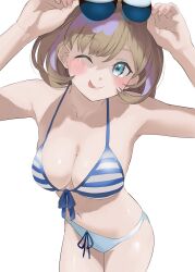 1girl ;p adjusting_eyewear bikini blue_eyes blush breasts cleavage collarbone commentary_request contrapposto grey_hair hanamaruyama628 hands_up highres looking_at_viewer love_live! love_live!_superstar!! medium_breasts navel one_eye_closed short_hair solo standing stomach string_bikini sunglasses swept_bangs swimsuit tang_keke tongue tongue_out upper_body white_background