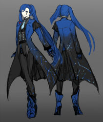 Rule 34 | 1girl, black pants, black vest, blue coat, blue eyes, blue footwear, blue gloves, blue hair, blue necktie, boots, closed mouth, coat, e.g.o (project moon), employee (project moon), full body, gloves, grey background, high heel boots, high heels, knight of despair, lobotomy corporation, long hair, multiple views, necktie, nishikujic, pants, project moon, simple background, teardrop facial mark, twintails, very long hair, vest