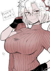 Rule 34 | 10s, 1girl, breasts, dark-skinned female, dark skin, gloves, hair between eyes, ikeshita moyuko, kantai collection, large breasts, monochrome, musashi (kancolle), pointy hair, short hair, simple background, solo, sweater, translation request