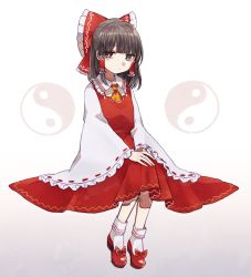Rule 34 | 1girl, ascot, bow, brown eyes, brown hair, closed mouth, collared shirt, expressionless, frilled bow, frilled hair tubes, frilled shirt collar, frills, full body, hair bow, hair tubes, hakurei reimu, japanese clothes, katai (nekoneko0720), looking to the side, medium hair, miko, red bow, red footwear, red skirt, red vest, ribbon-trimmed sleeves, ribbon trim, shirt, shoes, sidelocks, skirt, skirt set, solo, touhou, vest, white background, white sleeves, wide sleeves, yellow ascot