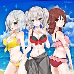 Rule 34 | 10s, 3girls, alternate costume, arms behind back, bad id, bad pixiv id, bare shoulders, beach, bikini, biyori (k neko 117), black bikini, blue eyes, blue sky, blush, bow, breasts, brown hair, cleavage, cloud, cloudy sky, day, drill hair, fingernails, frilled bikini, frills, hair bow, hair ornament, hair over one eye, hairclip, hamakaze (kancolle), hand on own chest, harukaze (kancolle), kantai collection, kashima (kancolle), large breasts, long hair, looking at viewer, looking back, multiple girls, navel, open mouth, outdoors, pink bikini, red bikini, red bow, red eyes, sarong, short hair, sidelocks, silver hair, sky, smile, sparkle, standing, swimsuit, tsurime, twin drills, twintails, twitter username, water, wavy hair, yellow bikini