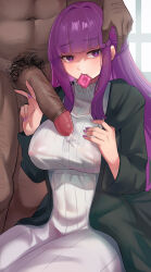 Rule 34 | 1boy, 1girl, absurdres, black coat, blunt bangs, breasts, coat, condom, condom in mouth, condom wrapper, covered erect nipples, dark-skinned male, dark penis, dark skin, dnumde, dress, fern (sousou no frieren), hand on another&#039;s head, hetero, highres, interracial, large breasts, large penis, long hair, looking at viewer, male pubic hair, mouth hold, penis, precum, pubic hair, purple eyes, purple hair, purple nails, solo focus, sousou no frieren, uncensored, v, very dark skin, very long hair, white dress