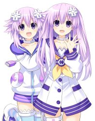 Rule 34 | 2girls, cowboy shot, d-pad, d-pad hair ornament, dress, hair ornament, highres, jacket, long hair, looking at viewer, multiple girls, nepgear, neptune (neptunia), neptune (series), official style, open mouth, purple eyes, purple hair, sailor dress, short hair, siblings, simple background, sisters, smile, white background, zero (ray 0805)