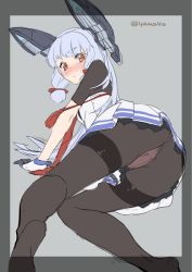 Rule 34 | 10s, 1girl, all fours, ass, barefoot, black pantyhose, blush, bodysuit, border, breasts, dress, flat color, from behind, gloves, grey background, hair ribbon, headgear, kantai collection, lace, long hair, looking at viewer, looking back, murakumo (kancolle), murakumo kai ni (kancolle), necktie, no shoes, nose blush, orange eyes, panties, panties under pantyhose, pantyhose, pantyshot, petticoat, pleated dress, ribbon, sailor dress, short dress, short eyebrows, sidelocks, simple background, sketch, small breasts, solo, super zombie, tassel, thigh gap, thighband pantyhose, tress ribbon, twitter username, underwear, very long hair, white hair