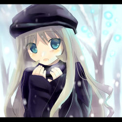 Rule 34 | 00s, 1girl, artist request, beret, blue eyes, coat, code geass, green hair, hat, letterboxed, lowres, non-web source, open mouth, scarf, snow, solo, source request, tree, winter