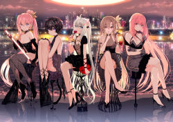 Rule 34 | 5girls, ahoge, alcohol, animal ears, arm strap, bare legs, bare shoulders, bell, black dress, black footwear, black gloves, black hair, black legwear, black nails, blush, box, braid, breasts, brown hair, butterfly hair ornament, candy, cat ears, city, cleavage, closed mouth, cloud, collarbone, criss-cross halter, cross-laced clothes, crossed arms, crossed legs, cup, dress, drinking glass, eating, elbow gloves, evening gown, finger to mouth, food, frilled dress, frills, full body, fur-trimmed dress, fur-trimmed gloves, fur trim, gift, gift box, gloves, glowing, guinevere (iron saga), hair bell, hair ornament, hairclip, halter dress, halterneck, heart, heart hair ornament, high heels, high ponytail, hitomi (iron saga), holding, holding cup, holding food, holding gift, hugging own legs, index finger raised, iron saga, jingle bell, knees up, lollipop, long hair, medium breasts, meruru (iron saga), multiple girls, nail polish, night, one side up, outdoors, pink hair, ponytail, purple eyes, red eyes, red nails, reflective floor, river, sasaki hikaruko (iron saga), short dress, short hair, shushing, side braid, silver hair, sitting, sleeveless, sleeveless dress, small breasts, smile, stool, strapless, strapless dress, thighhighs, twin braids, valentine, vanessa (iron saga), very long hair, water, wine, wine glass, wristband, yadapot