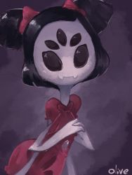 Rule 34 | 1girl, artist name, bad id, bad pixiv id, black eyes, black hair, bow, colored skin, extra arms, extra eyes, fangs, hair bow, own hands clasped, arthropod girl, looking at viewer, monster girl, muffet, multiple limbs, no nose, olive (oii), own hands together, pink bow, puffy short sleeves, puffy sleeves, purple background, purple skin, short hair, short sleeves, smile, solid eyes, solo, spider girl, twintails, two side up, undertale