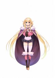Rule 34 | 1girl, atelier-moo, blonde hair, boots, cloak, closed mouth, elf, full body, gem, hair between eyes, highres, long hair, long pointy ears, long sleeves, miniskirt, our battle has just begun!, pointy ears, skirt, smile, solo, standing, synsya, thighhighs, twintails, very long hair, zettai ryouiki