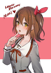 Rule 34 | 1girl, blush, bow, breasts, brown hair, hair ornament, hairclip, hanusu, happy, happy birthday, heart, highres, idolmaster, idolmaster million live!, kasuga mirai, looking at viewer, medium breasts, one side up, open mouth, pink background, red bow, short hair, sketch, smile, solo, two-tone background, uniform series (idolmaster), upper body, yellow eyes