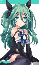 Rule 34 | 10s, 1girl, alternate hairstyle, black thighhighs, blue eyes, choker, commentary request, detached sleeves, flying sweatdrops, green hair, hair ornament, hair ribbon, hairclip, hebitsukai-san, highres, kantai collection, looking at viewer, parted lips, pleated skirt, ribbon, school uniform, serafuku, sitting, skirt, smile, solo, thighhighs, two side up, wariza, yamakaze (kancolle), zettai ryouiki