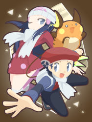 Rule 34 | 1boy, 1girl, :3, :d, backpack, bag, beret, black pants, blue eyes, blue hair, blue jacket, boots, buttons, cafe (chuu no ouchi), coat, creatures (company), dawn (pokemon), game freak, gen 1 pokemon, hair ornament, hat, jacket, kneehighs, long hair, long sleeves, lucas (pokemon), nintendo, no pupils, o o, one eye closed, open clothes, open jacket, open mouth, outstretched arm, pants, pink footwear, poke ball theme, pokemon, pokemon (creature), pokemon dppt, raichu, red coat, red hat, red shirt, scarf, shirt, smile, socks, straight hair, tongue, white hat, white scarf, white socks