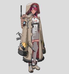 Rule 34 | 1girl, assault rifle, backpack, bag, boots, breasts, cleavage, coat, dress, fur trim, greatcoat, gun, headset, highres, holding, holding weapon, hood, long sleeves, medium breasts, orange eyes, original, red hair, rifle, solo, standing, suppressor, tac239, weapon