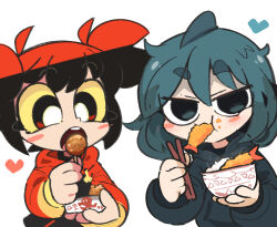 Rule 34 | 2girls, black hair, black hoodie, blue eyes, blue hair, blush stickers, borrowed character, bowl, character request, chopsticks, commentary, drawstring, eating, english commentary, food, food on face, fuka-chan, hair between eyes, heart, highres, holding, holding bowl, holding chopsticks, holding food, hood, hood down, hoodie, kim crab, long sleeves, multicolored hair, multiple girls, open mouth, original, pixelated, puffy long sleeves, puffy sleeves, red hair, rice, short eyebrows, shrimp, shrimp tempura, simple background, takoyaki, tempura, thick eyebrows, twintails, two-tone hair, v-shaped eyebrows, white background, yellow eyes
