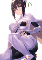 Rule 34 | 1girl, absurdres, arm guards, black bodysuit, black gloves, black hair, bodysuit, breasts, bun cover, capelet, closed mouth, double bun, elbow gloves, fate/grand order, fate (series), fingerless gloves, gloves, green eyes, green ribbon, hair bun, hair ribbon, highres, ibuki notsu, jewelry, kneeling, large breasts, looking at viewer, neck ring, qin liangyu (fate), ribbon, sidelocks, solo, thighs, white bodysuit, white capelet
